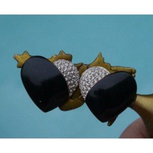 Vintage AFJ Enamel & Rhinestone Runway Earrings Black & Gold Clip On Hearts